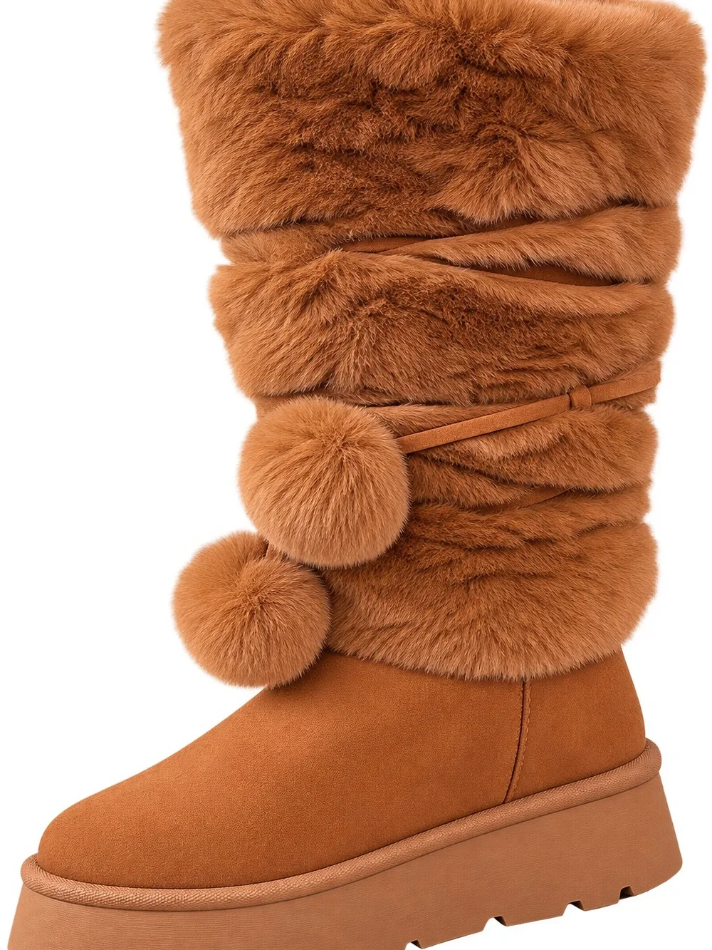 Women’s Faux-Fur Pom Pom Mid-Calf Boot in Cognac